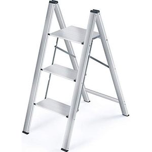 KINGRACK Trapladder 3 Treden Aluminium Vouwladder Draagbare Slanke Opstapkruk Antislip Veiligheid Opstapje Inklapbaar Trapje Opvouwbaar Huishoudelijke Stap Ladder voor Thuis Keuken Kantoor Zilver