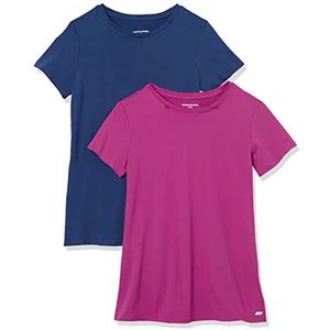 Amazon Essentials Dames Tech Stretch T-shirt met korte mouwen en ronde hals (verkrijgbaar in grote maten), 2-Pack, Blauw/Paars, S