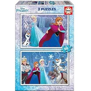 Educa 16852, De ijskoningin 2 x 48 stukjes puzzel, Anna, Elsa en Olaf, kinderpuzzel vanaf 4 jaar, Disney, Frozen