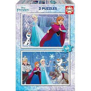 Educa 16852, De ijskoningin 2 x 48 stukjes puzzel, Anna, Elsa en Olaf, kinderpuzzel vanaf 4 jaar, Disney, Frozen