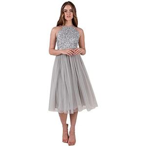Maya Deluxe Dames midi-jurk met halter hals tule voor avondafstuderen prom bruiloft bruidsmeisjes baljurk, Zacht Grijs, 32