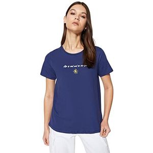 Trendyol Dames Vrouw Regular Standaard Crew Neck Geweven T-shirt, Marineblauw, M, marineblauw, M