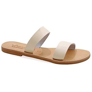36 White Emmanuela Griekse handgemaakte lederen platte sandalen, hoge kwaliteit glijbaan zomerschoenen voor vrouwen, Riemchen Slide Sandals, Boho Chic Sandals