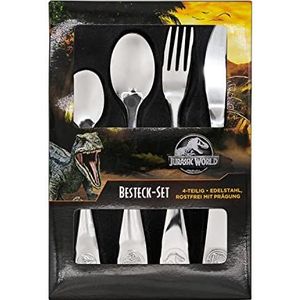 Jurassic World Kinderbestekset, 4-delige bestekset met dino-reliëf, eetbestek van roestvrij staal met mes, vork, soeplepel en dessertlepel