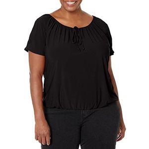 Star Vixen womens Star Vixen Women's Short/Slit Sleeve Keyhole-tie Peasant Top Bubble Hem Blouse, Black Solid, Small US