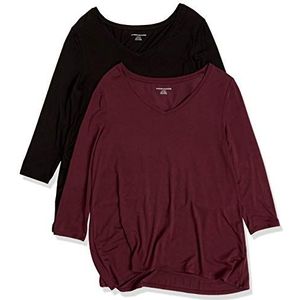 Amazon Essentials Women's Swing T-shirt met driekwartmouwen en V-hals (verkrijgbaar in grote maten), Pack of 2, Bordeauxrood/Zwart, XXL