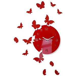 FLEXISTYLE Grote moderne wandklok vlinder rond 30 cm, 15 vlinders, woonkamer, slaapkamer, kinderkamer, product gemaakt in de EU (rood)