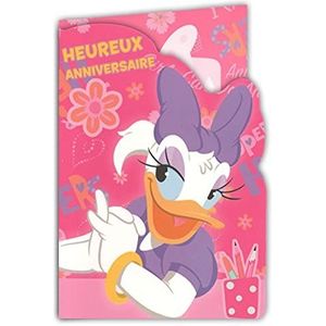 200004!DAISY! Verjaardagskaart met stickers, Disney Junior Daisy Duck Minnie Mouse, kat, figaro, Kanari, Frankie - met envelop, roze, paars, 12 x 17,5 cm