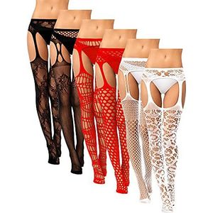 6 Paar Vrouwen Visnet Dij Hoge Kousen Jarretel Panty Lingerie Jarretel Riemen Panty Voor Vrouwen Meisjes, Zwart, Rood, Wit, M/L