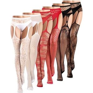 6 Paar Vrouwen Visnet Dij Hoge Kousen Jarretel Panty Lingerie Jarretel Riemen Panty Voor Vrouwen Meisjes, Zwart, Rood, Wit, M/L