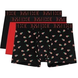 Hom Boxershorts voor heren, Set van 3: kleine zwarte en rode bloemenprint effen rood + effen zwart, M