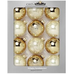 Krebs & Sohn Set van 12 glazen ballen - kerstboomversiering om op te hangen - kerstboomballen assortiment - goud ivoor