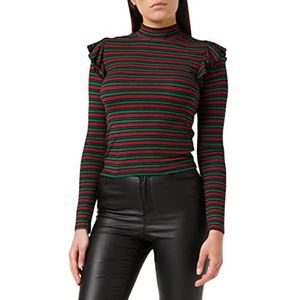 Urban Classics Dames Dames Rib Striped Volant Turtleneck L/S Shirt met lange mouwen, meerkleurig (groen/zwart/firered 01315), L