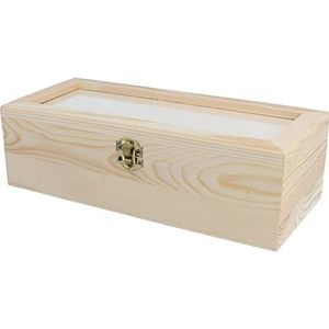 Kist van massief grenenhout met glas en scheidingswanden, 29,5 x 12,5 x 8,8 cm.