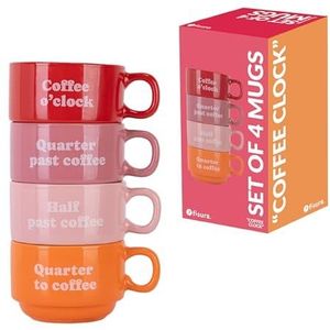 Fisura – Set van originele mokken ""Coffee Clock"". Witte mokken met grappige teksten. Originele mokken met boodschap als cadeau. Set van 4 humoristische keramische mokken