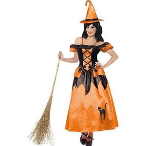 Sprookjesboek heks kostuum oranje met jurk en hoed, klein