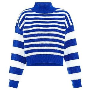 Libbi Dames gestreepte modieuze trui met opstaande kraag polyester blauw wit strepen maat XL/XXL, Blauw wit strepen, XL