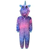 Eenhoorn onesie voor kinderen, meisjes, comfortabele pyjama, jongens, zacht slaappakje, cadeau voor kinderen, dierenjumpsuit, verkleedkostuum, Eenhoorn - paarse roze sterren, 8-9 Jaren