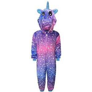 Eenhoorn onesie voor kinderen, meisjes, comfortabele pyjama, jongens, zacht slaappakje, cadeau voor kinderen, dierenjumpsuit, verkleedkostuum, Eenhoorn - paarse roze sterren, 8-9 Jaren