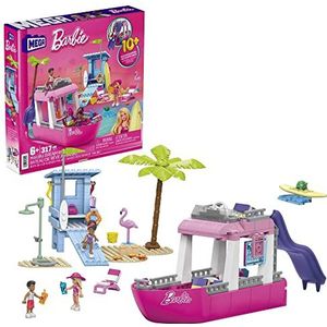 MEGA Barbie Bouw- en speelset, Malibu Droomboot met 317 onderdelen, 2 huisdieren, 3 micropoppen en accessoires, roze, cadeau-ideeën voor kinderen vanaf 6 jaar HPN79