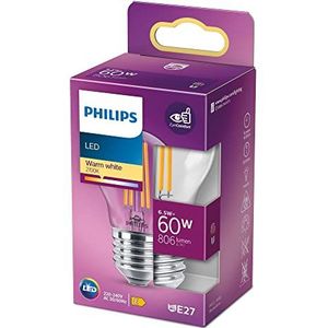 Philips LED-kogellamp - Warmwit licht - E27 - 60 W - Transparant - Energiezuinige LED-verlichting - Filamentlamp