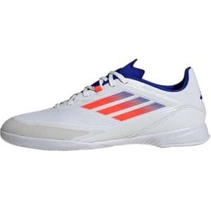 adidas F50 League voetbalschoenen voor dames en heren, Ftwr White Solar Rood Lucide Blauw, 44 2/3 EU