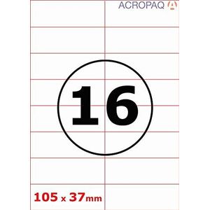 Acropaq Labels, 100 vellen DIN A4, 16 etiketten (105 x 37 mm) per vel A4 = 1600 zelfklevende etiketten, wit voor inkjetprinters, laserprinter en kopieerapparaat