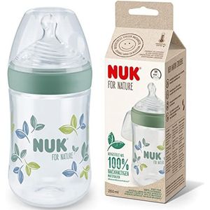 NUK for Nature Babyfles, middelgrote drinkzuiger, 260 ml, op de moederborst gemodelleerde drinkzuiger van siliconen met anti-koliekventiel, temperatuurregeling, BPA-vrij, groen