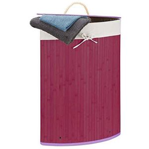 Relaxdays wasmand hoekmodel bamboe - 60 liter - deksel - wasbox - driehoekig - violet