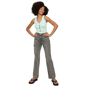 Trendyol Dames gescheurde gedetailleerde hoge taille met wijde pijpen jeans, Antraciet, 60