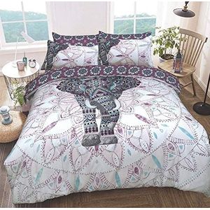 Sleepdown Olifant Mandala Bed Omkeerbare Dekbedovertrek Set Gemakkelijk Onderhoud Anti-Allergisch Zacht en Glad met Kussenslopen, Polykatoen, Paars, Super King