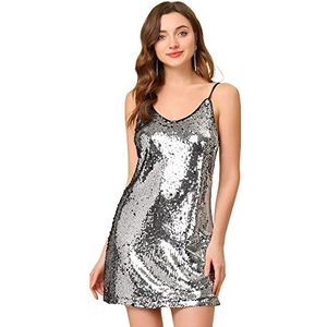 Allegra K Glitter paillettenjurk voor dames, spaghettibandjes, V-hals, feest, cocktail, sprankelende mini-jurk, clubwear, S