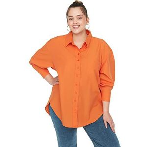 TRENDYOL Dames grote maten regular fit basic hemdblousekraag geweven stof plus-size shirt, oranje, 48