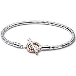 Pandora Damesarmband Logo T-Bar 925 zilver tweekleurig 582309C00, 21 cm, Sterling zilver Rose goud, Geen Edelsteen