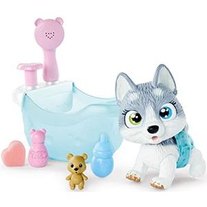 Simba 105953560 - Pamper Petz Husky met badkuip, met pompfunctie, drinkfles, schuimfles, waterspuit, 25 cm speelgoed hond, vanaf 3 jaar