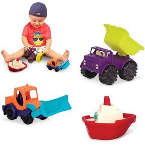 Battat BX1887Z,B. Toys zandspeelgoed, 3-delig, zandbak, speelgoed, strand, speelplaats, badspeelgoed met graafmachine, kipper en boot, speelgoed vanaf 18 maanden,veelkleurig