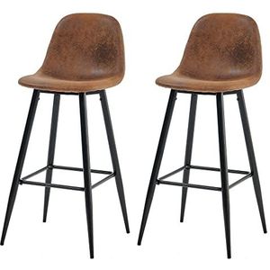 MEUBLE COSY Barkruk set van 2 retro barstoelen, vintage, met rugleuning en voetensteun, van kunstsuède, metalen poten, voor bar, bistro, café, keuken, kunstleer, bruin