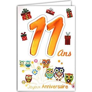 Age Mv 69-2011 wenskaart voor verjaardag, 11 jaar, voor jongens en meisjes, motief uilen, vogels