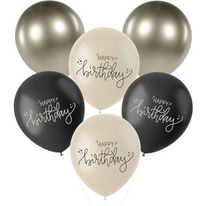 Folat Verjaardag, zwart, champagne, goud, latexballonnen, crème, zwart, 33 cm, 6 stuks, een chique en charmante Happy Birthday-decoratie, 68689, meerkleurig
