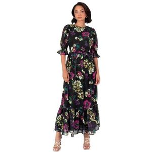 Lovedrobe Dames Midaxi Jurk Dames Korte Pofmouw Ronde Hals Bloemen Chiffon Ruche Gelaagde Bodem Zoomlijn A-lijn Gelegenheid, Zwart 20, Zwart, 46