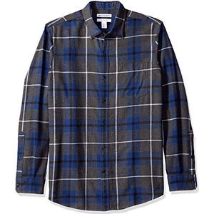 Amazon Essentials Men's Flanellen overhemd met lange mouwen (verkrijgbaar in grote en lange maten), Blauw Houtskoolzwart Plaid, L