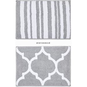 Penguin Home Microfiber getuft omkeerbare badmat|Kleur zilver&wit|Super zacht en zeer absorberend met omkeerbare ontwerpen|Marokkaans/strepen| voor douches, baden en badkamervloeren|Maat 43x61cm|