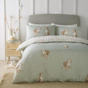 Fusion - Dekbedovertrek Hattie The Cockapoo - Tweepersoons beddengoed (200 x 200 cm) - Omkeerbare ontwerpen (Gingham) - 2 kussenslopen - Groen beddengoed met honden - Geruit/geruit dekbedovertrek in