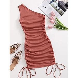 REDESYN One Shoulder Ruches Knoop Side Bodycon Jurk (Kleur: Koraalroze, Maat: X-Small)