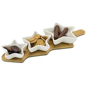 ROMINOX Tre Stella, 4-delige set van 3 keramische schaaltjes op bamboeplank met handvat, voor de presentatie van snacks, koekjes of dips; ca. 42 x 15,5 x 5,3 cm