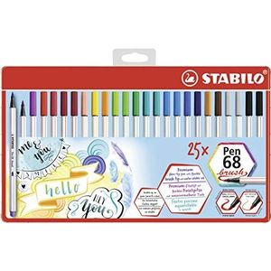 Premium Viltstift met penseelpunt voor variabele lijndiktes - STABILO Pen 68 brush - metalen etui met 25 stuks met ophanglus - met 24 verschillende kleuren