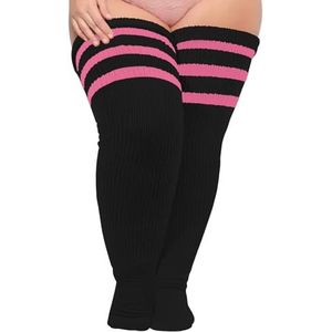 Moon Wood Vrouwen Plus Size Dij Hoge Sokken Extra Lange Gestreepte Dikke Over De Knie Sokken Been Warmer Boot Kousen One size Zwart & Roze