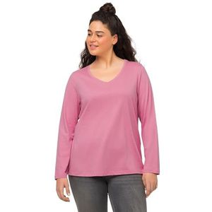 Ulla Popken Basic T-shirt voor dames, V-hals, smal, lange mouwen, frambozen, 50-52