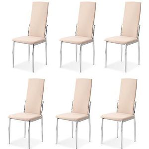 Somnia Descanso - Set van 6 gestoffeerde stoelen voor woonkamer, eetkamer, beige en verchroomde poten, model LYA, afmetingen: 43 cm (breedte) x 48 cm (diepte) x 99,5 cm (hoogte)
