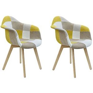 Set van 2 stoelen voor woonkamer, eetkamer, meerkleurig, patchwork, scandivave, hout, stof, geel